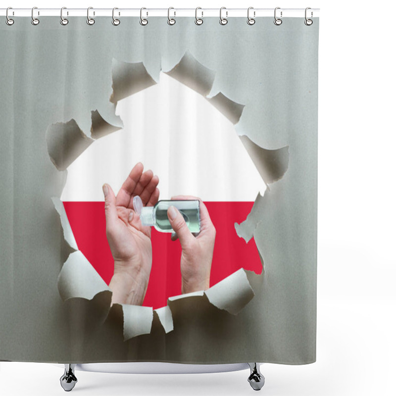 Personality  Poland Fights Against Coronavirus. Hand Hygiene With Disinfection Gel In Paper Hole With Polish Flag As Background. Hygiene Measures, Prevention Of Public Health Threat From Viral Pneumonia Covid-19. Shower Curtains