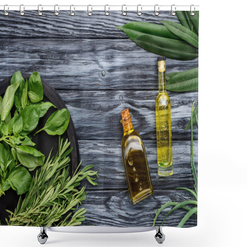 Personality  Top View Of Bottles With Natural Herbal Essential Oil And Green Leaves On Wooden Surface Shower Curtains