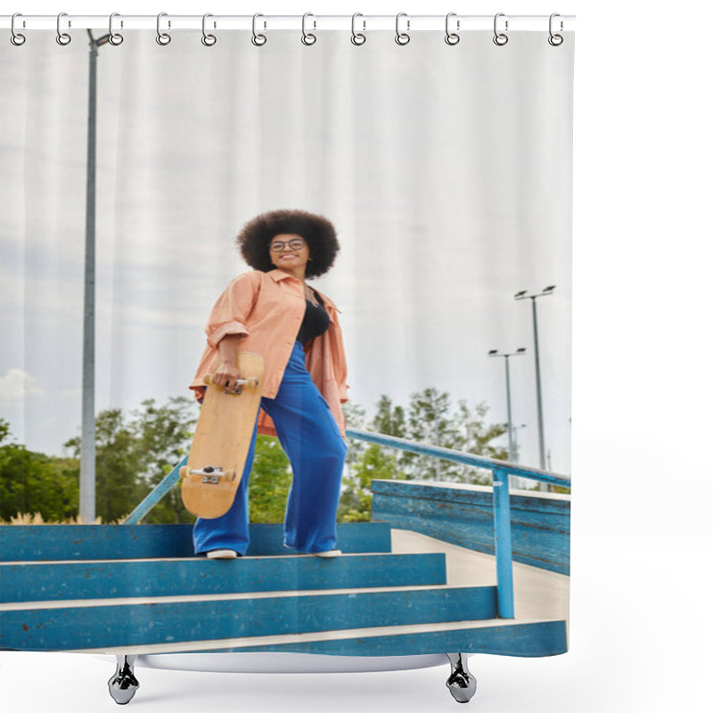 Personality  A Young African American Woman With Curly Hair Confidently Stands On Steps, Holding A Skateboard In An Urban Skate Park. Shower Curtains