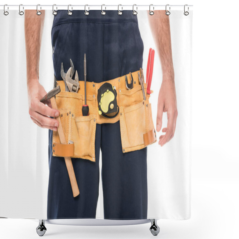 Personality  Cropped Shot Of Repairman Wearing Tool Belt Isolated On White Shower Curtains