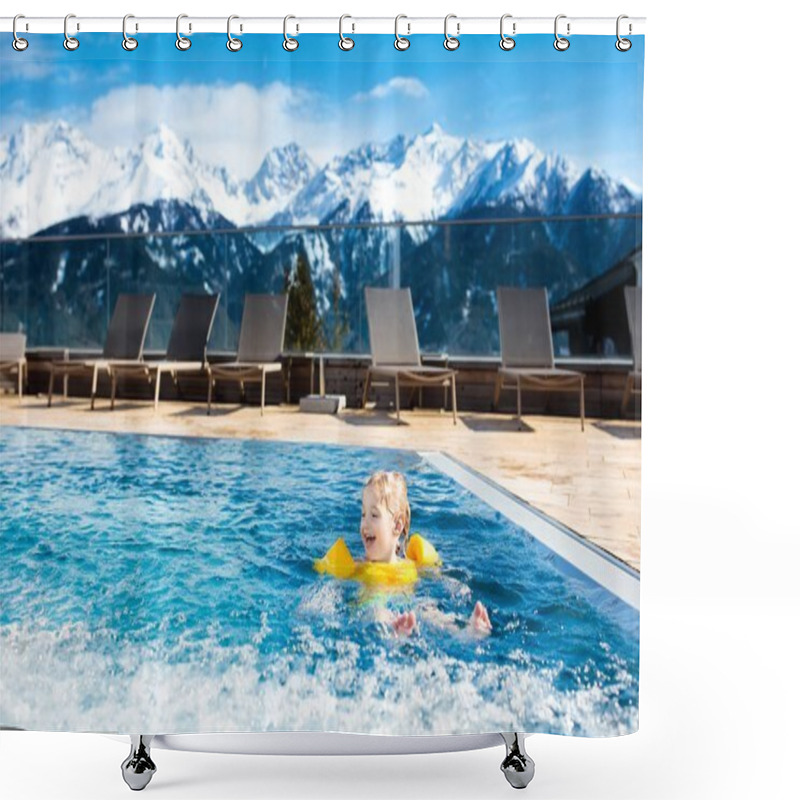 Personality  Child In Outdoor Swimming Pool Of Alpine Resort Shower Curtains