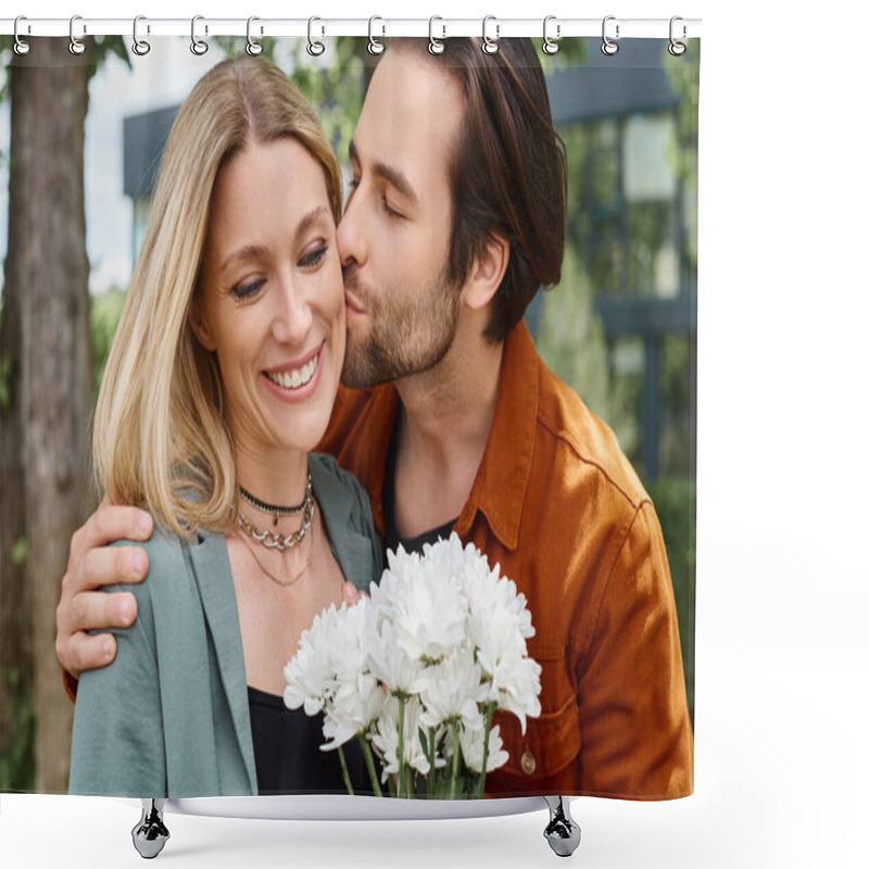 Personality  A Loving Man Passionately Kisses A Woman Holding A Beautiful Bouquet Of Flowers. Shower Curtains