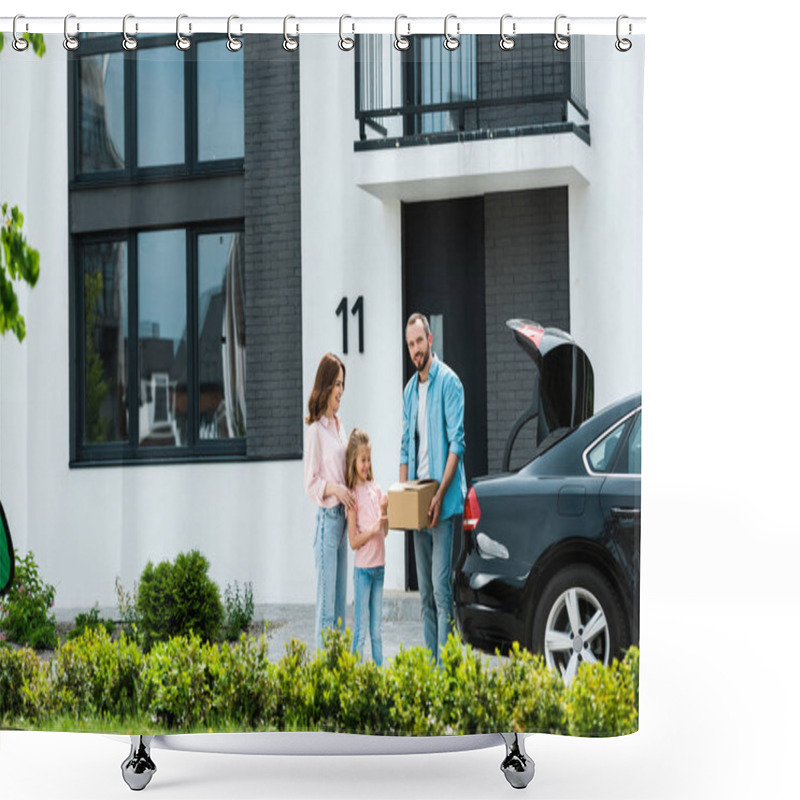 Personality  Happy Man Holding Box Near Wife And Daughter While Standing Near Car  Shower Curtains