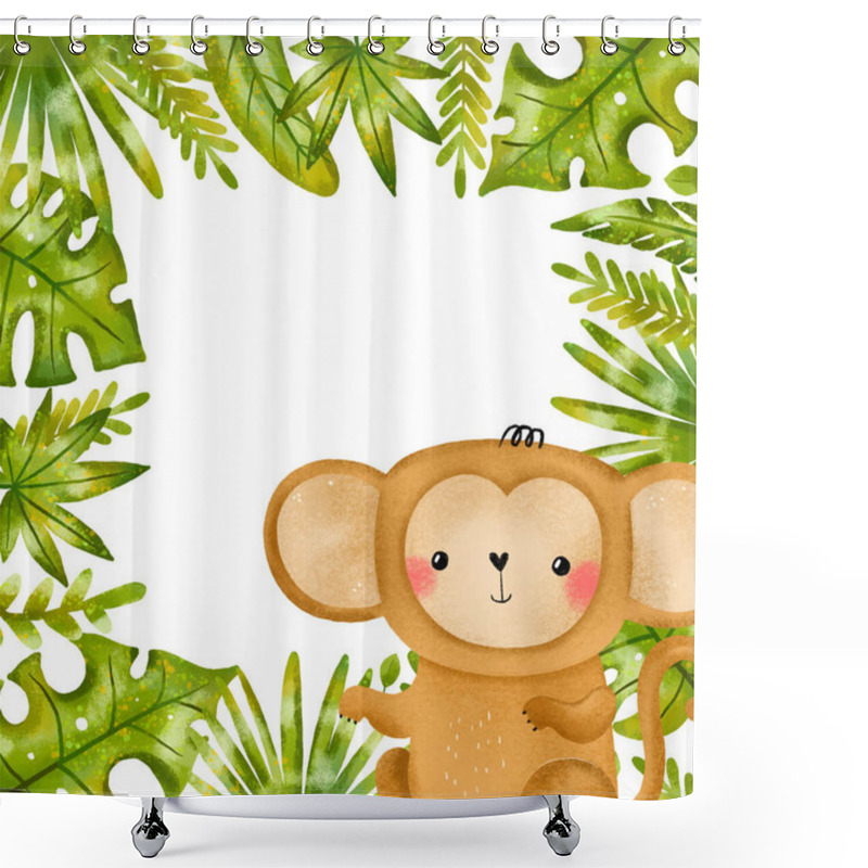 Personality  Square Border Frame With Monkey And  Jungle Leaves, Branches. Rainforest. Birthday Card Invitation. Hand Drawn On Isolated Background Shower Curtains