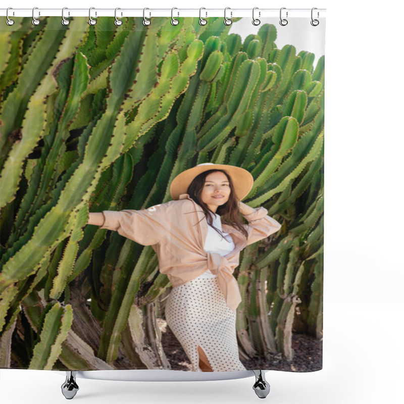 Personality  Pleased Woman Looking At Camera Near Green And Giant Succulents Shower Curtains