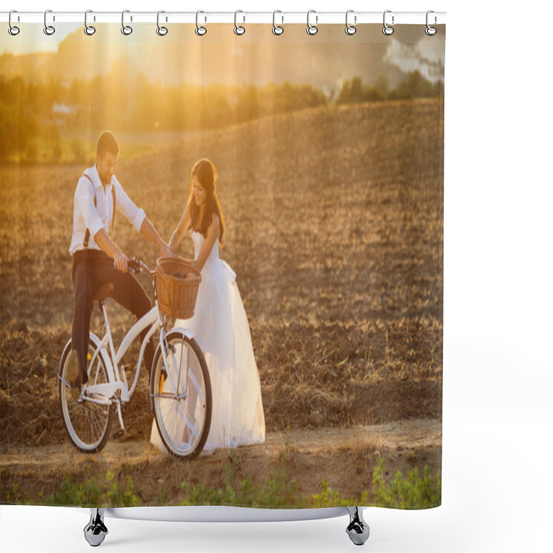 Personality  Bride And Groom With A White Wedding Bike Shower Curtains