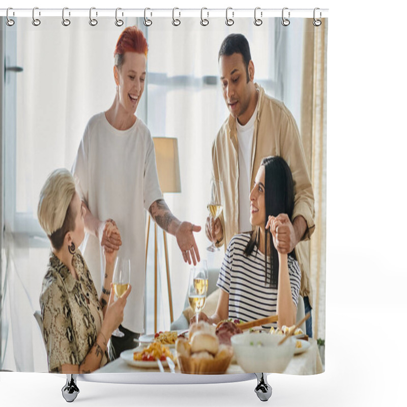 Personality  A diverse group of people enjoy a meal together at a table filled with food. shower curtains