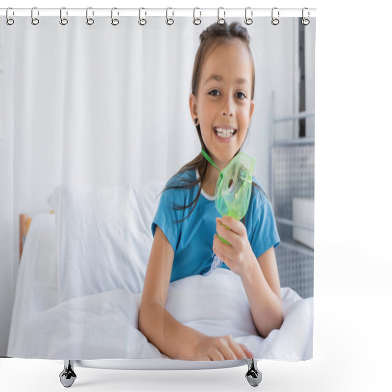 Personality  Cheerful Kid Holding Oxygen Mask And Looking At Camera On Bed In Clinic  Shower Curtains