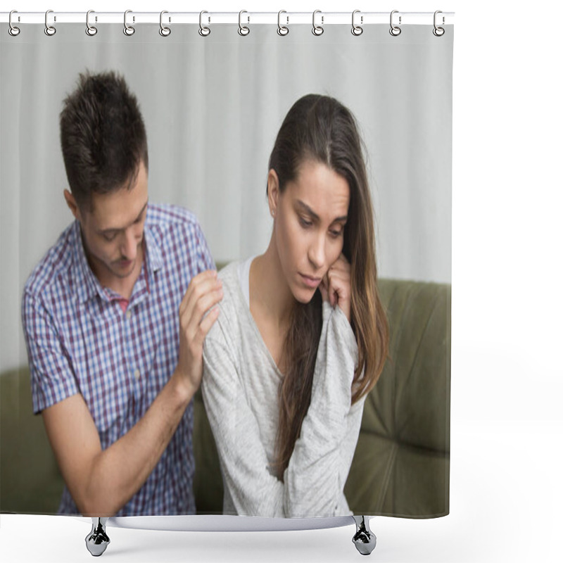 Personality  Husband Supporting Comforting Upset Depressed Wife, Infertility  Shower Curtains