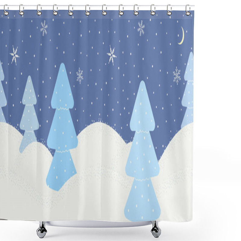 Personality  Cute Minimalist Winter Border On Blue Background With Snowflakes And Christmas Trees Or Spruces. Texture For Decoration Greeting Cards For Christmas Or New Year, Websites,showcases. Vector Shower Curtains