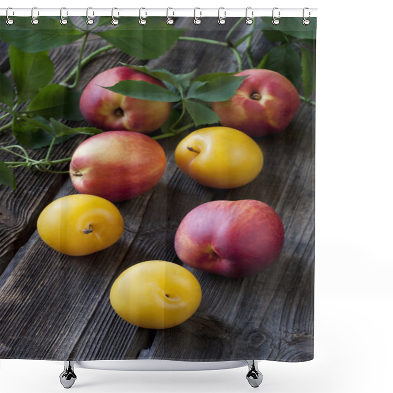 Personality  Juicy Fresh Plums  And Nectarines On Dark Wooden Background Shower Curtains