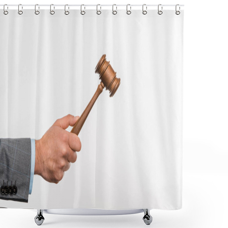 Personality  Cropped Shot Of Judge Holding Wooden Hammer In Hand Isolated On White  Shower Curtains