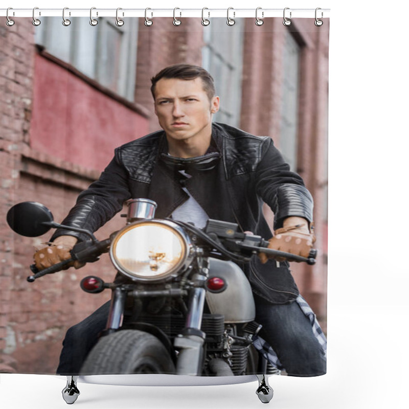 Personality  Brutal Man Sit On Cafe Racer Custom Motorbike. Shower Curtains