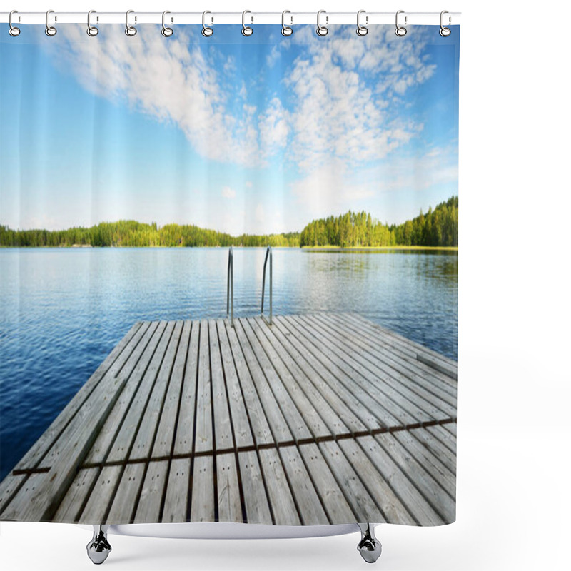 Personality  Wooden Pier Near The River Close-up. Evergreen Coniferous Forest In The Background. Clear Blue Sky, Reflections On The Water. Idyllic Summer Landscape. Eco Tourism, Recreation Theme. Finland Shower Curtains