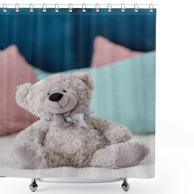 Personality  Close Up Vertical View Of Teddy Bear Sitting On The Bed With Pillows On Background Shower Curtains