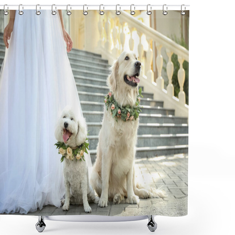 Personality  Bride And Adorable Dogs Wearing Wreathes Made Of Beautiful Flowers Outdoors, Closeup Shower Curtains