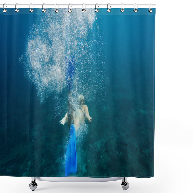 Personality  Partial View Of Woman In Bikini And Fins Diving In Ocean Alone Shower Curtains