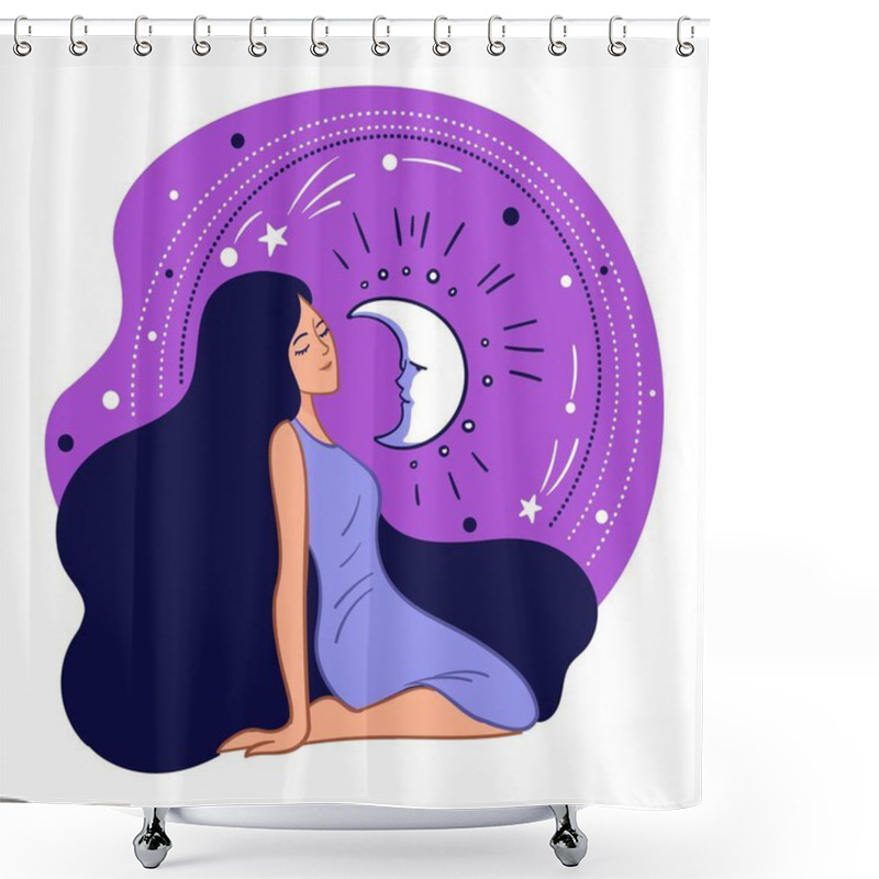 Personality  Shining Moon And Stars, Space And Galaxy Exploration. Woman Wearing Elegant Long Dress Sitting By Night Sky. Fantasy And Dreaming, Witchcraft And Occult Knowledge Of Lady. Vector In Flat Style Shower Curtains