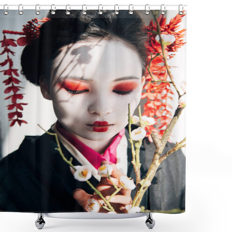 Personality  Sakura Branches And Beautiful Geisha With Red And White Makeup In Sunlight Shower Curtains