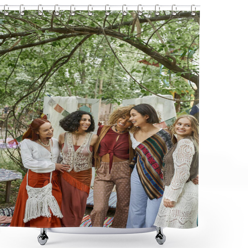 Personality  Positive Multiethnic Women In Boho Clothes Hugging While Spending Time In Retreat Center Shower Curtains