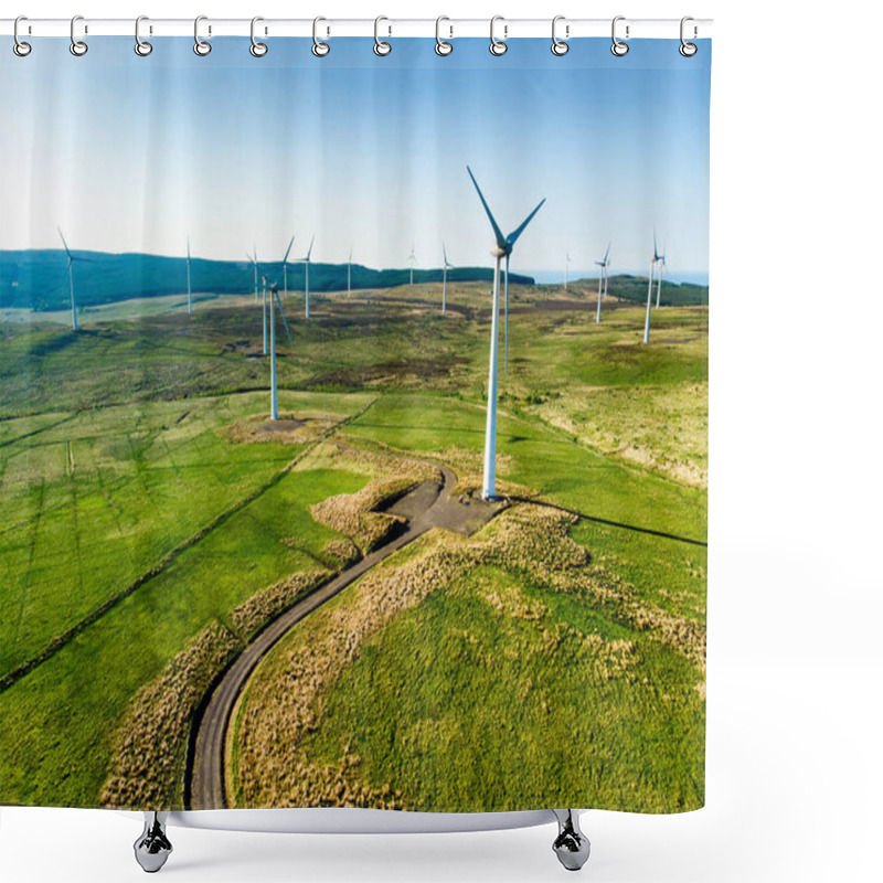 Personality  Aerial View Of Wind Turbines Generating Power, Located In Connemara Region, County Galway, Ireland Shower Curtains