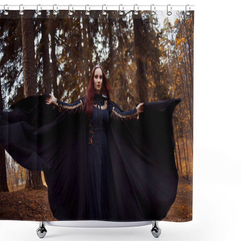 Personality  Young Beautiful And Mysterious Woman In Woods, In Black Cloak With Hood, Image Of Forest Elf Or Witch Shower Curtains