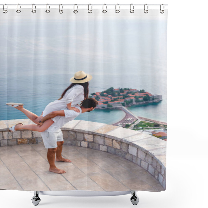 Personality  Boyfriend Giving Piggyback To Girlfriend At Viewpoint Near Island Of Sveti Stefan In Budva, Montenegro Shower Curtains