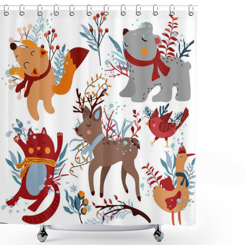 Personality  Cute Winter Animals, Polar Bear, Funny Fox In A Scarf, Northern Cardinal, Funny Cat And Flowers And Leaves.Cute Winter Animals For Greeting Cards, Poster, Postcard, Banner. Vector Shower Curtains