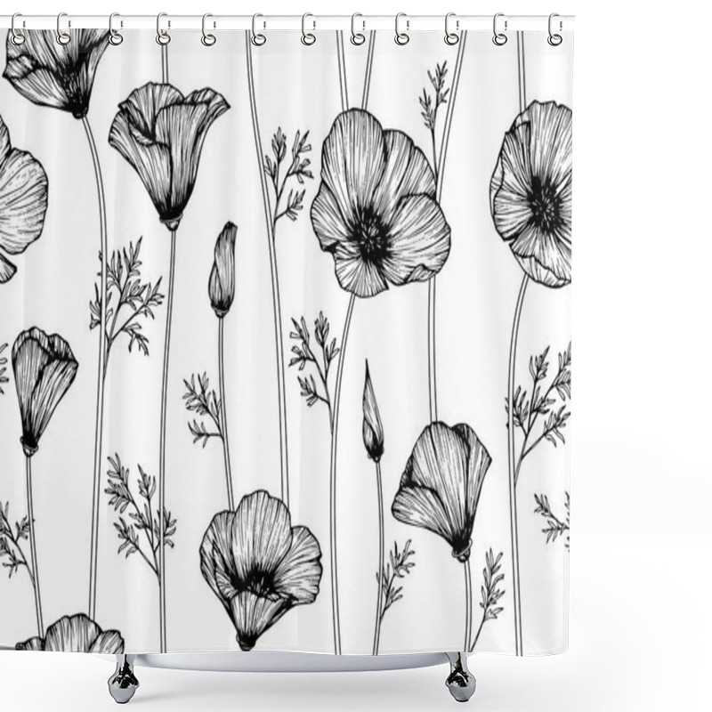 Personality  Seamless California Poppy Flower Pattern Background. Black And White With Drawing Line Art Illustration. Shower Curtains