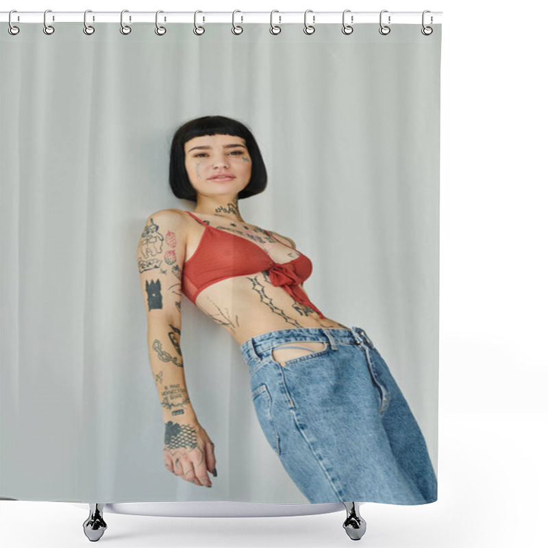 Personality  A Stylish Woman Poses Confidently Against A Simple Wall Backdrop. Shower Curtains