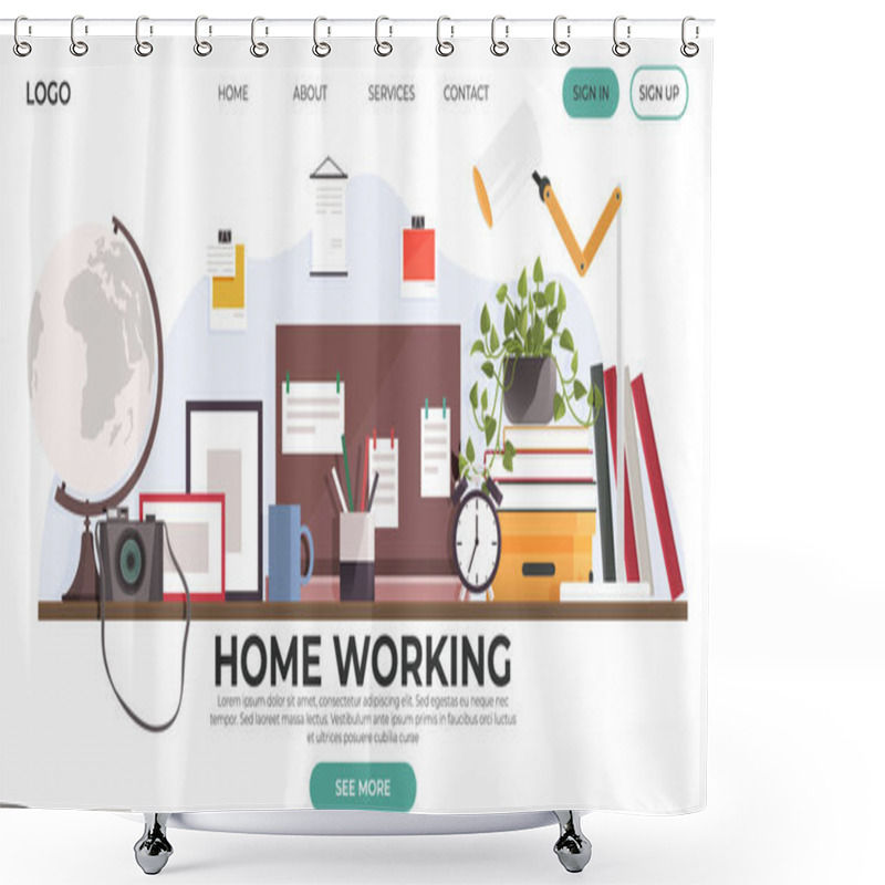 Personality  An Organized Desk Filled With Books, A Clock, Camera, Globe, Plant, Sticky Notes, And A Lamp. Ideal For Productivity, Remote Work, Organization, Study Spaces, And Home Offices. Flat Design Style Shower Curtains