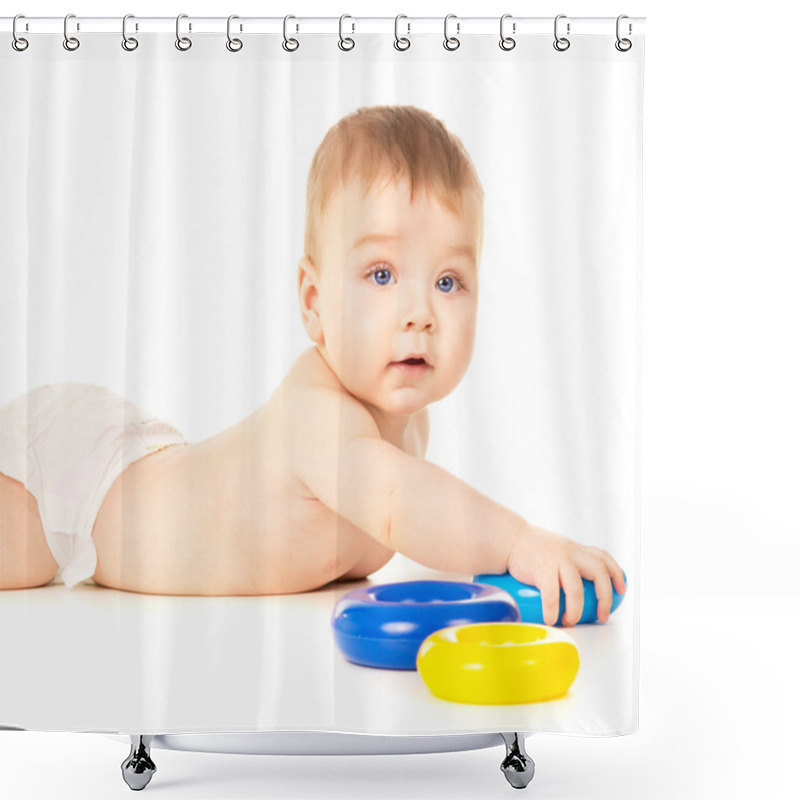 Personality  Beautiful A Little Baby Crawling And Playing With Toys Shower Curtains