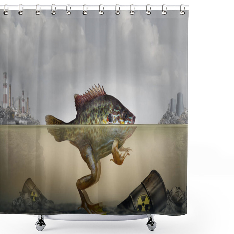 Personality  Environmental Pollution Genetic Mutation And Heritable DNA Damage Caused By A Polluted Environment With Industrial Waste In Air And Water As A Hybrid Fish And Frog With 3D Illustration Elements. Shower Curtains