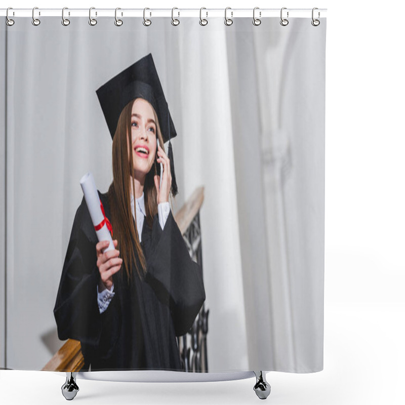 Personality  Low Angle View Of Cheerful Young Woman Holding Diploma While Talking On Smartphone  Shower Curtains