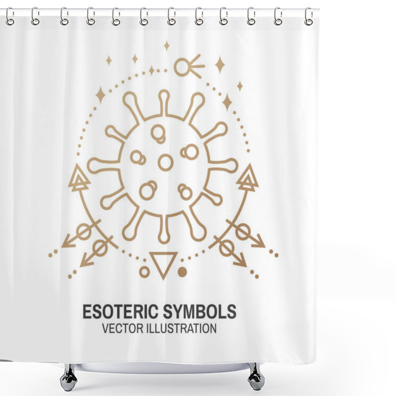 Personality  Esoteric Symbols. Vector. Thin Line Geometric Badge. Outline Icon For Alchemy Or Sacred Geometry. Mystic And Magic Sacred Geometry Tattoo Design With Unreal Geometrical Cube, Moon, Sun Shower Curtains