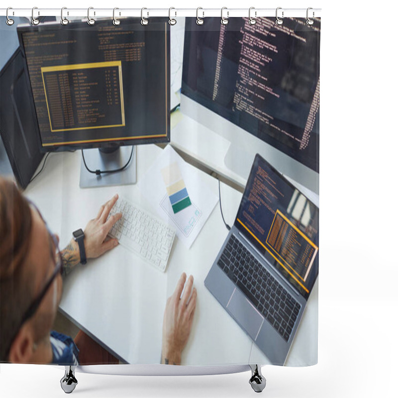 Personality  High Angle View At Male Programmer Writing Code While Using Multiple Computers In IT Developers Office , Copy Space Shower Curtains