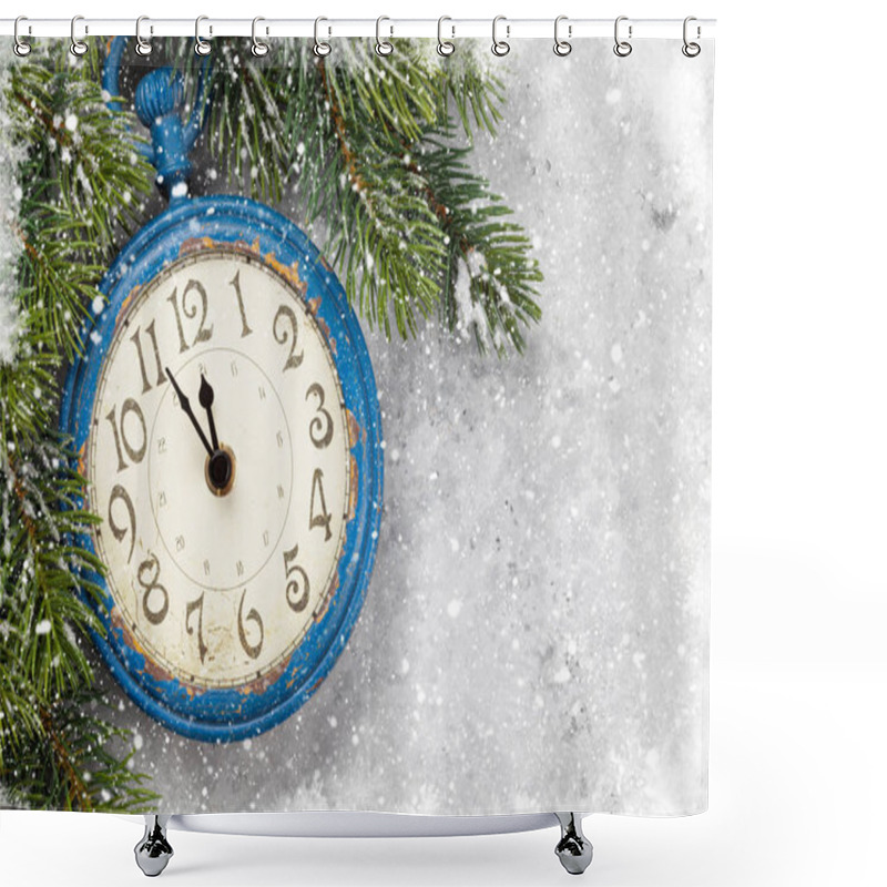 Personality  Christmas Fir Tree And Alarm Clock Over Old Wood Shower Curtains