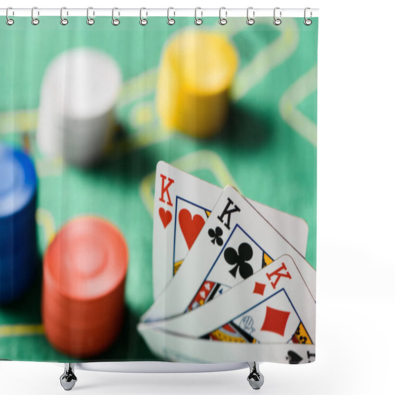 Personality  Selective Focus Of Playing Cards With Chips And Green Poker Table On Background Shower Curtains