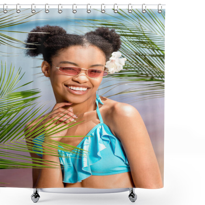 Personality  Happy African American Woman In Sunglasses With Flower In Hair Near Palm Leaves In Front Of Sea Shower Curtains