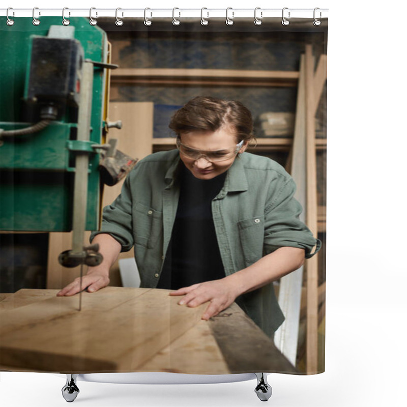 Personality  A Dedicated Female Carpenter Focuses On Crafting Wooden Pieces In Her Well-equipped Workshop. Shower Curtains