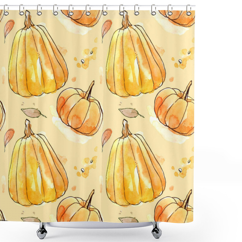 Personality  Pumpkin Harvest Autumn Farm Ecological Natural Delicious Wrapping Paper Pattern Background Watercolor Repeating Seamless Yellow Line Spot Shower Curtains