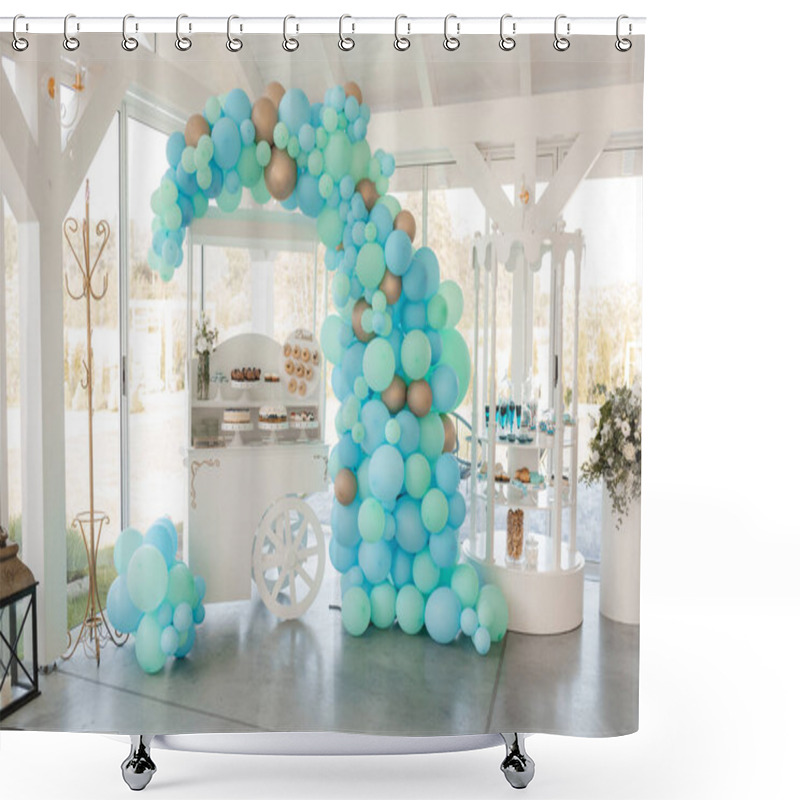 Personality  Festive Stand With Delicious Desserts And Fresh Drinks, Blue Balloons Arch In White Banquet Hall. Artwork, Decorated Hall, Event Celebration. Holiday, Tasty Food And Decorations, Beautiful Service. Shower Curtains