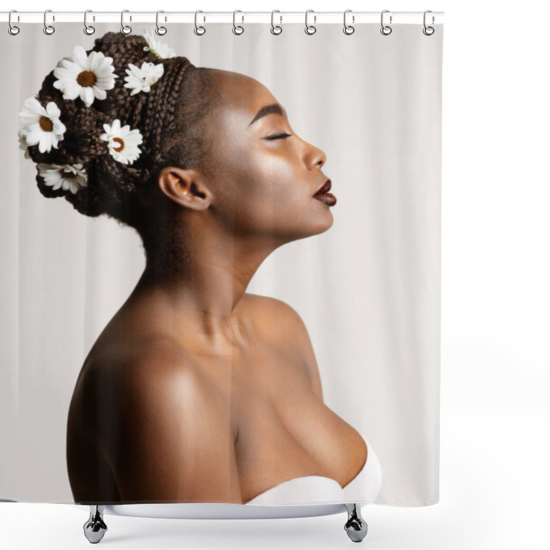 Personality  Beauty Profile Of African American Woman With White Chamomile Flowers In Black Hair Braids. Fashion Portrait Of Dark Skin Model Over White. Wedding Make Up And Bride Cornrows Hairstyle Shower Curtains