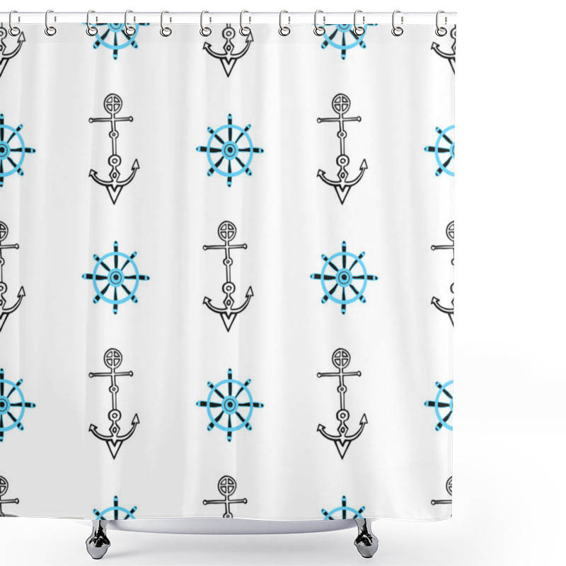 Personality  Seamless Nautical Background With Anchors And Ship Wheels. Hand Drawn Sea Seamless Pattern. Shower Curtains