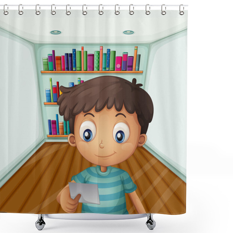 Personality  A Young Boy In Front Of The Bookshelves Shower Curtains