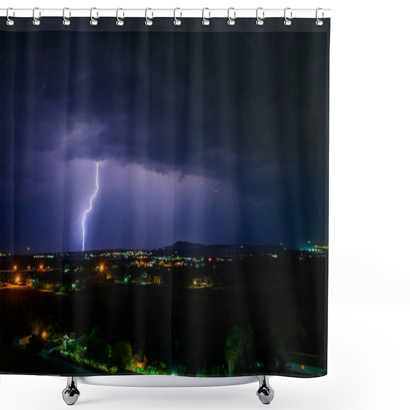 Personality  Flashes Of Lightning Brighten The Dark Skies Above A Serene Town, Creating A Stunning Night Spectacle. Shower Curtains