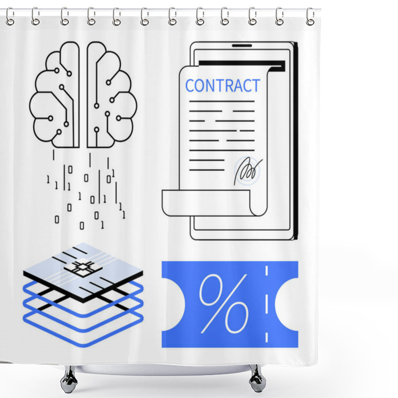 Personality  Brain With Binary Code, Digital Contract On Device, Stacked Data Layers, And Percentage Symbol On Ticket. Ideal For AI, Digital Contracts, Data Processing, Discounts, Technological Advancements Shower Curtains