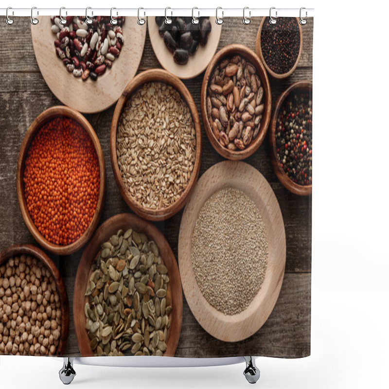 Personality  Top View Of Bowls With Raw Oatmeal, Red Lentil, Various Beans, Quinoa, Chickpea, Peppercorns And Pumpkin Seeds On Wooden Surface Shower Curtains