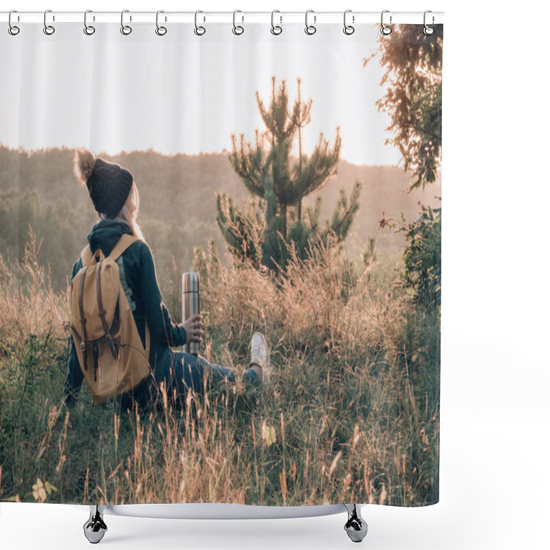 Personality  Traveler Woman Resting Outdoor At Sunset. Shower Curtains