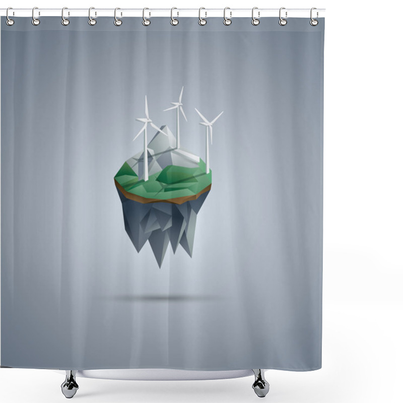 Personality  Wind Turbines On Low Poly Floating Island. Renewable Energy Environment Symbol In Modern Polygonal Design. Shower Curtains